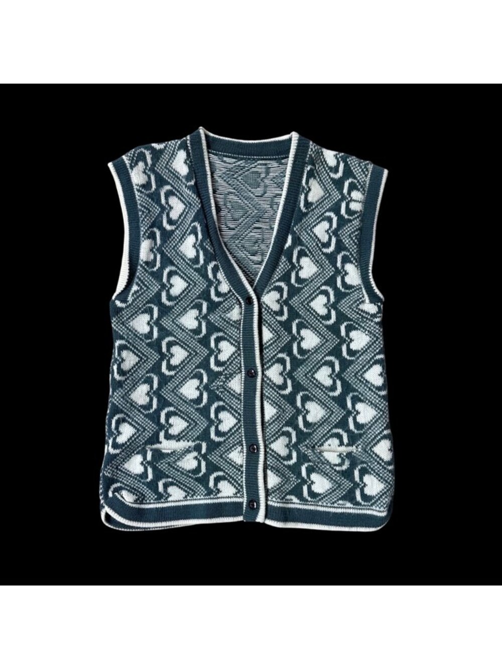 Vintage Sweater Vest Green White Hearts Romantic Cottage Button Up Shirt Retro - Picture 2 of 7